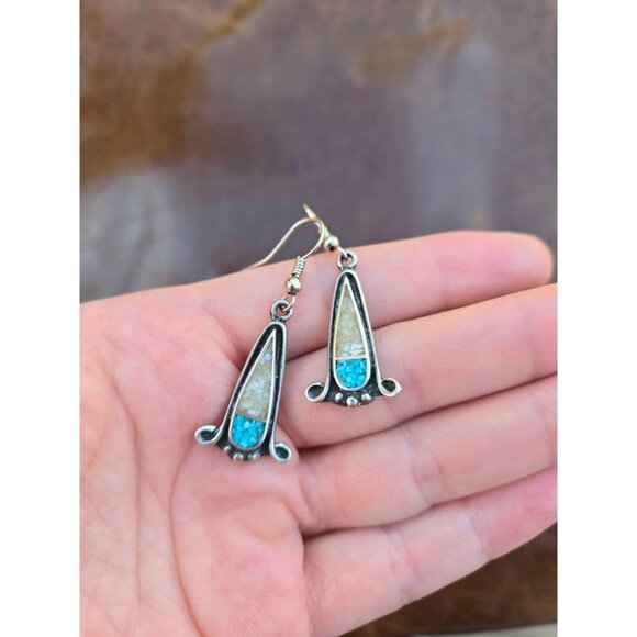 Sterling Silver & Crushed Turquoise/Mother of Pearl Inlay Dangle Earrings - Picture 4 of 7